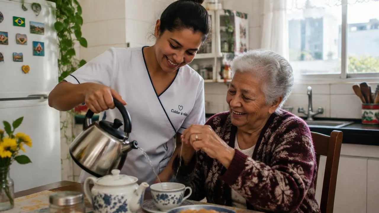 Cuidadora preparando chá com uma senhora idosa na cozinha de casa